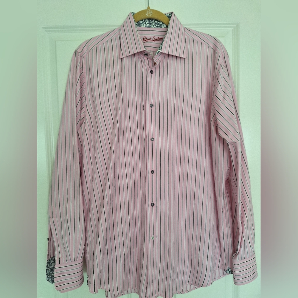 Robert Graham‎ Pink and Gray Striped Dress Shirt Size L/16.5